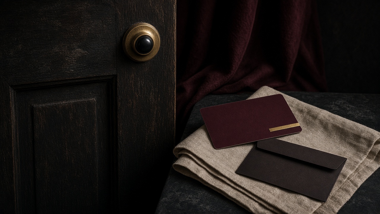 A dark door with a brass doorbell, a hotel key card and an appointment card on linen