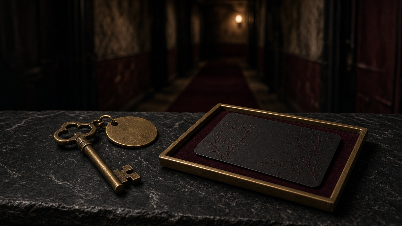 An old house key and a hotel key card on dark stone, two doors in the background