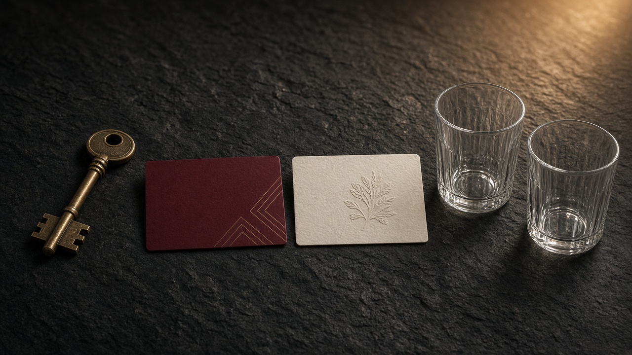 Three still lifes: a house key, a hotel key card with an appointment card, two empty glasses