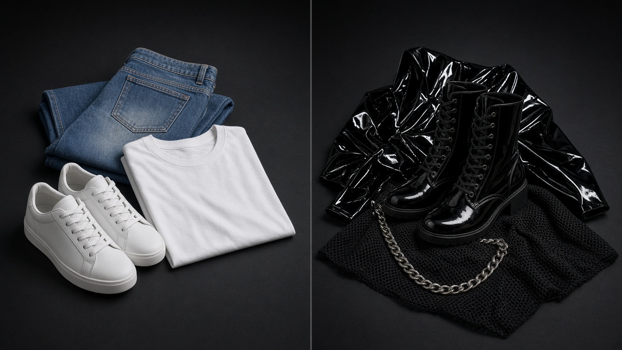 Still life: jeans and sneakers on one side, patent boots and PVC fabric on the other