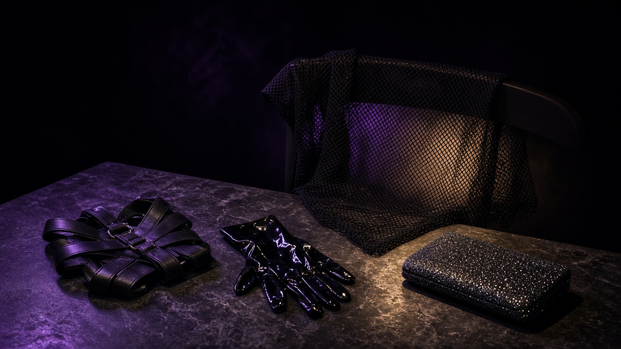Leather harness, latex glove and mesh on dark stone under club light