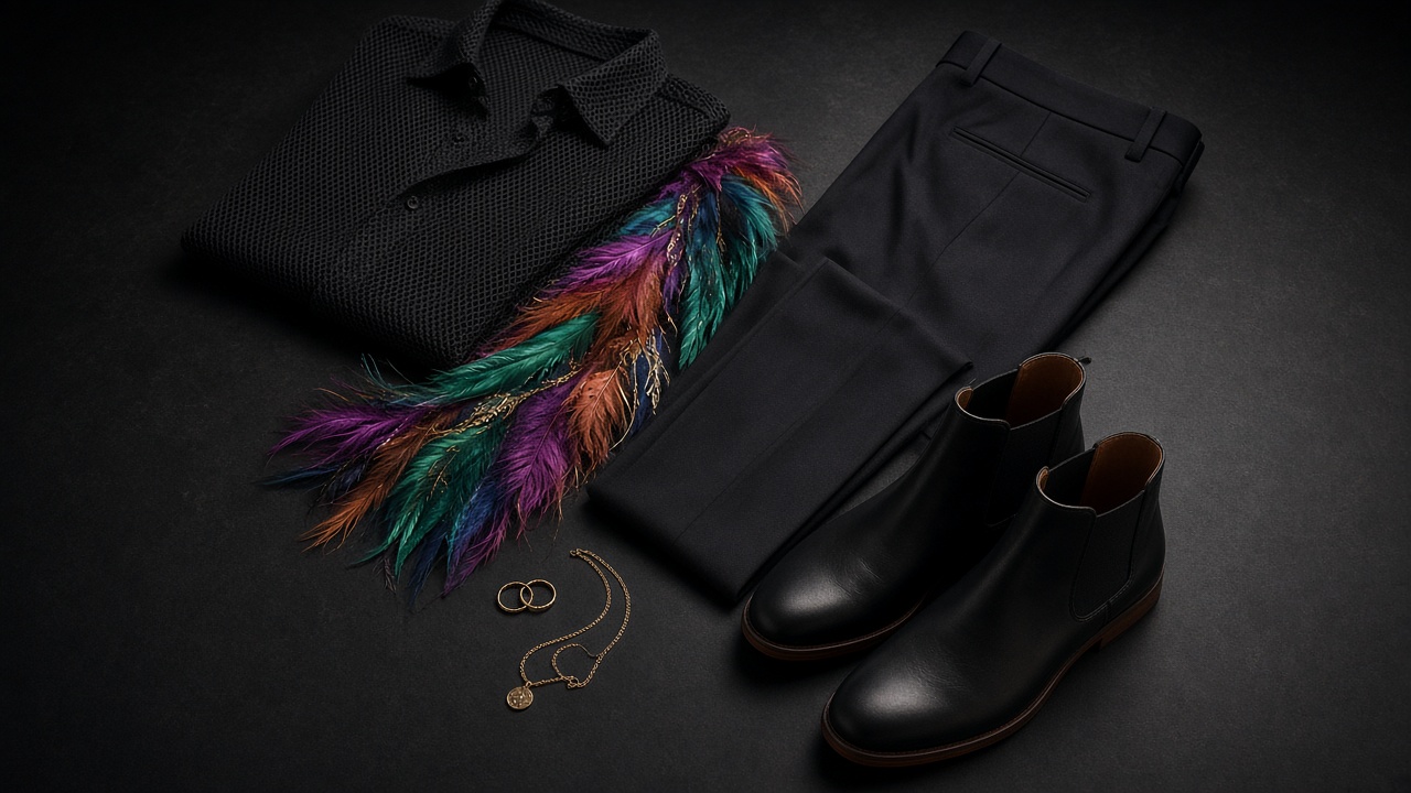 Still life with mesh shirt, colourful scarf, black trousers and ankle boots