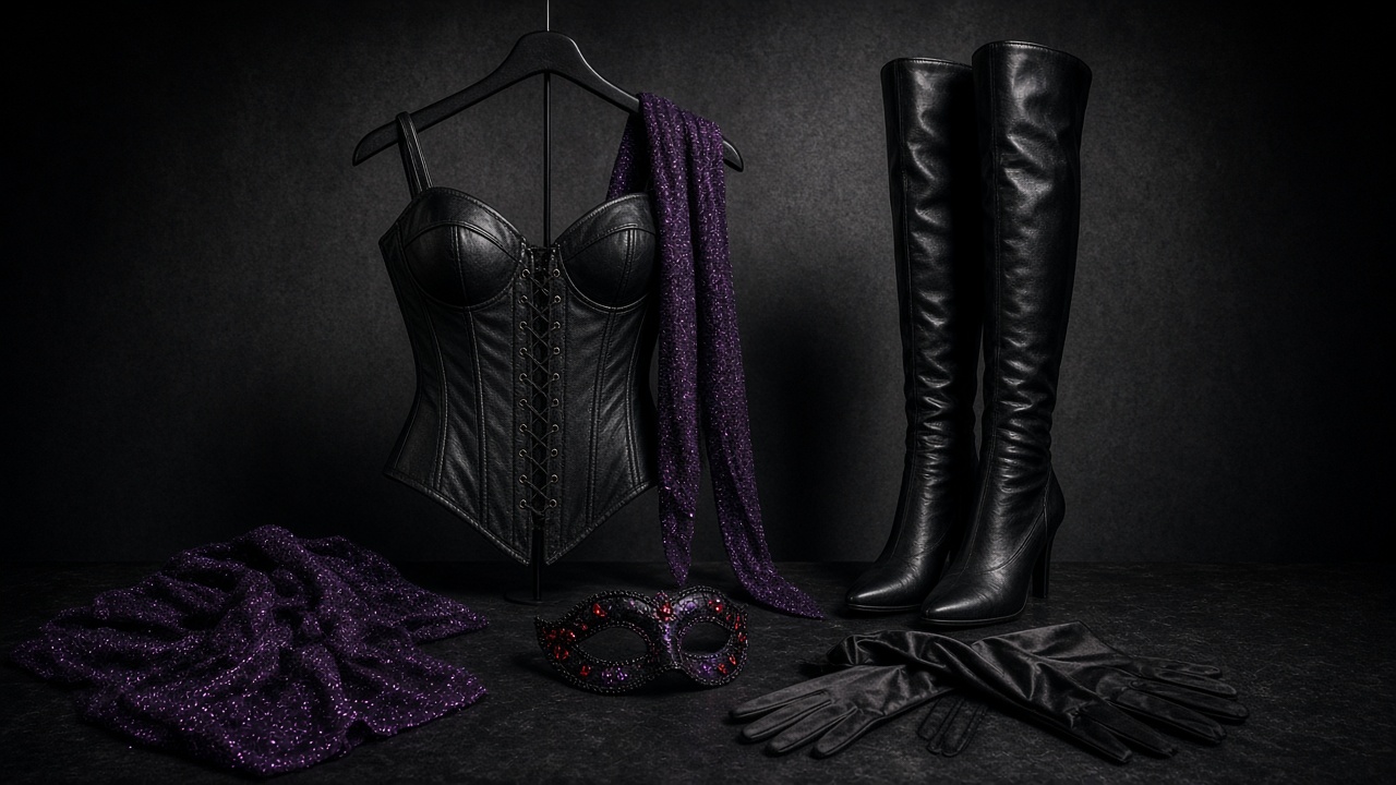 Still life with leather bodice, overknee boots, gloves and glitter scarf on dark background