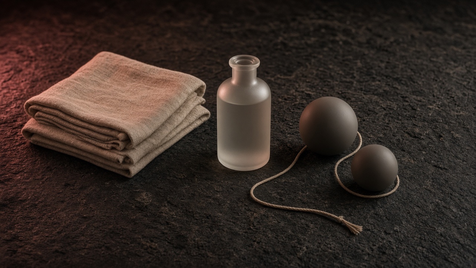 Smooth spheres with a fine cord beside folded cloth and a small bottle on dark stone