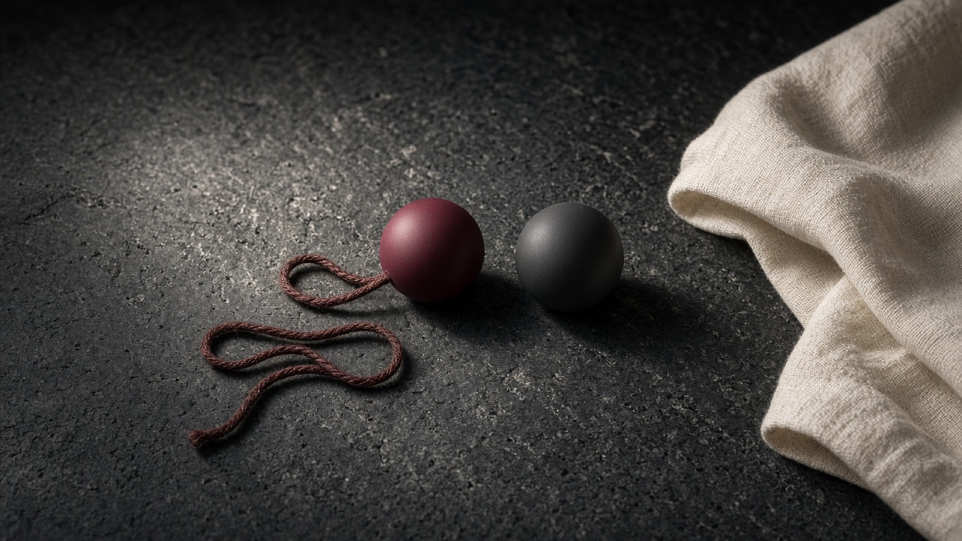 Two smooth spheres with a silk cord on dark stone, linen at the edge