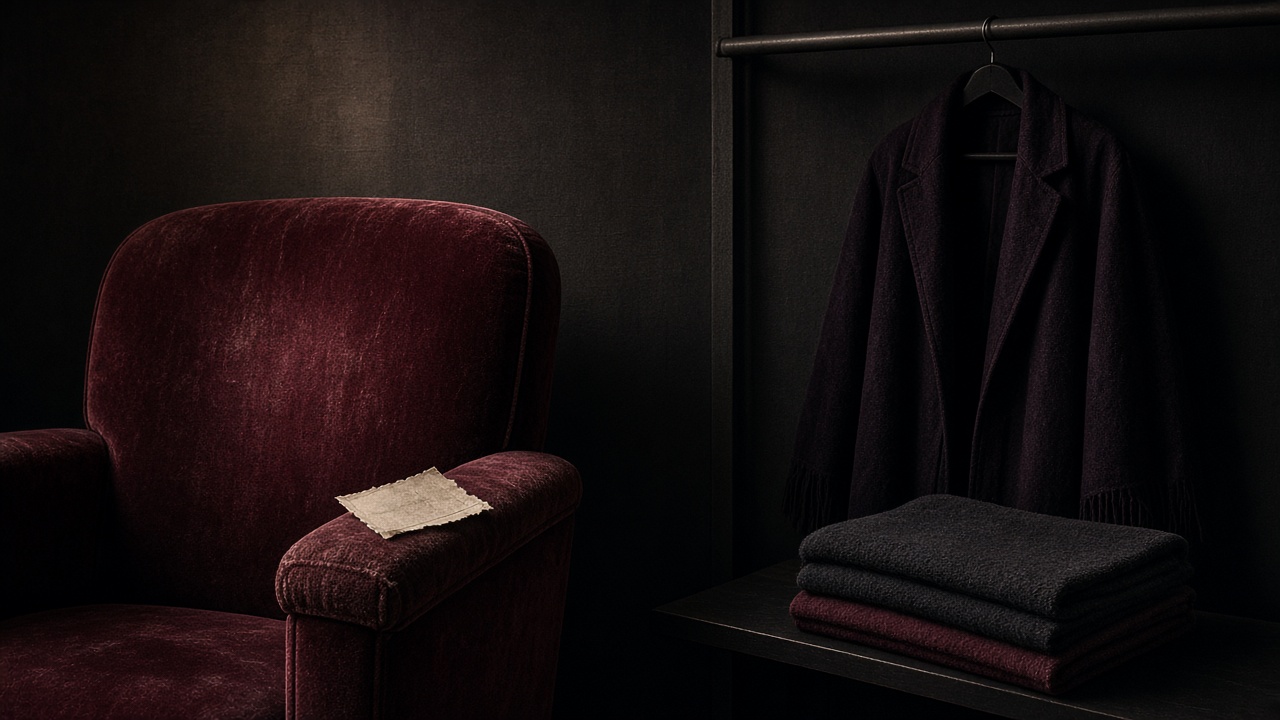 An empty cinema seat with a ticket stub, a cloakroom rail with a dark garment on a hanger
