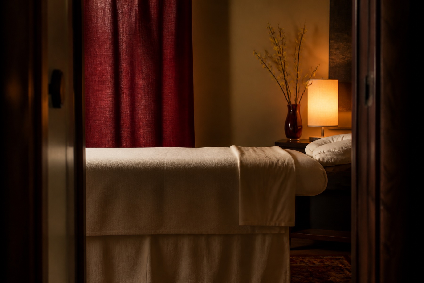 Dim treatment room seen through a doorway, massage table with linen, wine-red curtain