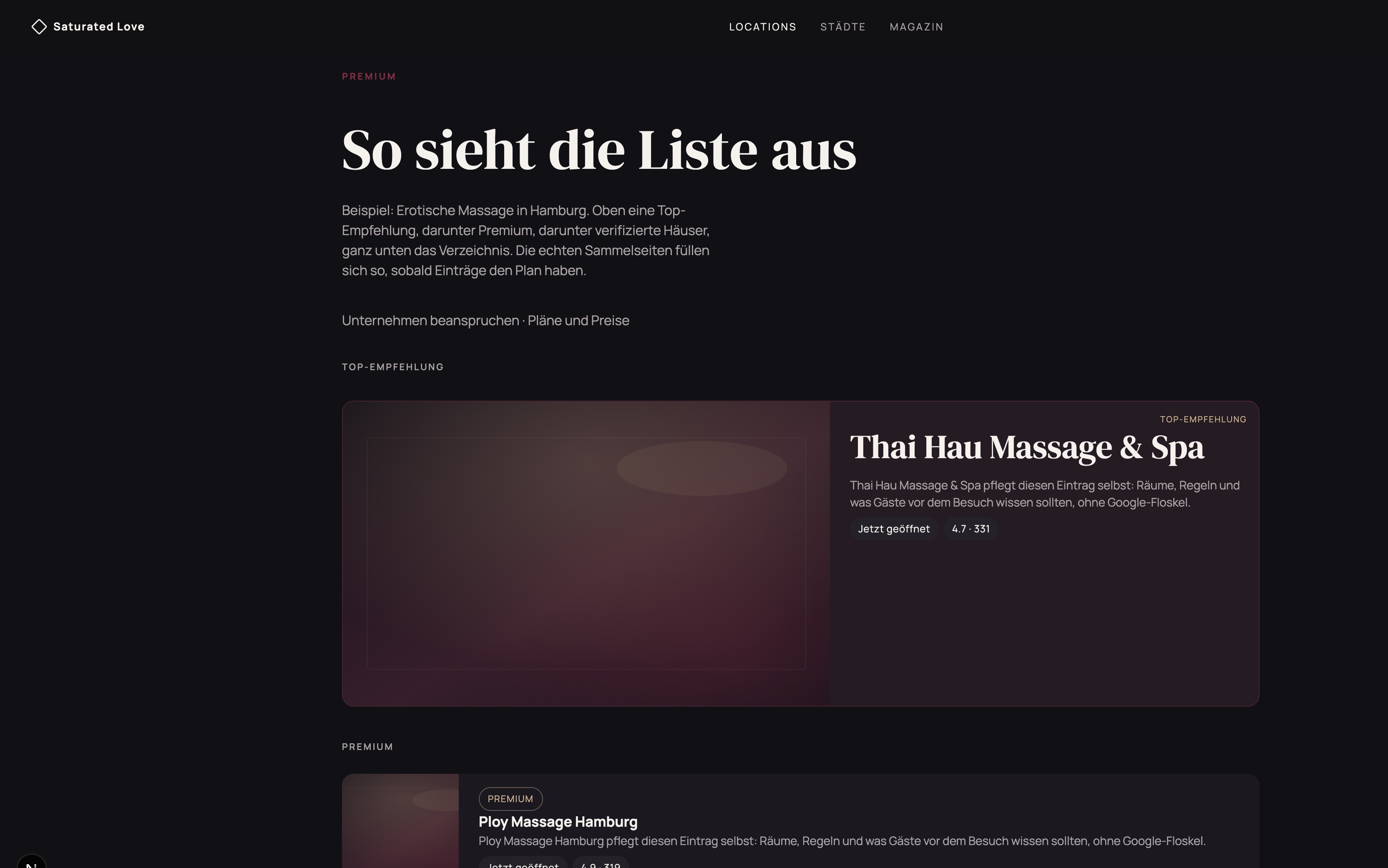 Sammelseite oben: Top-Empfehlung und Premium
